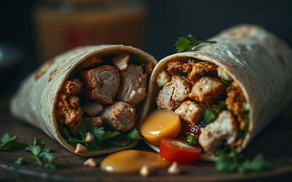 Chicken shawarma wrap sliced open